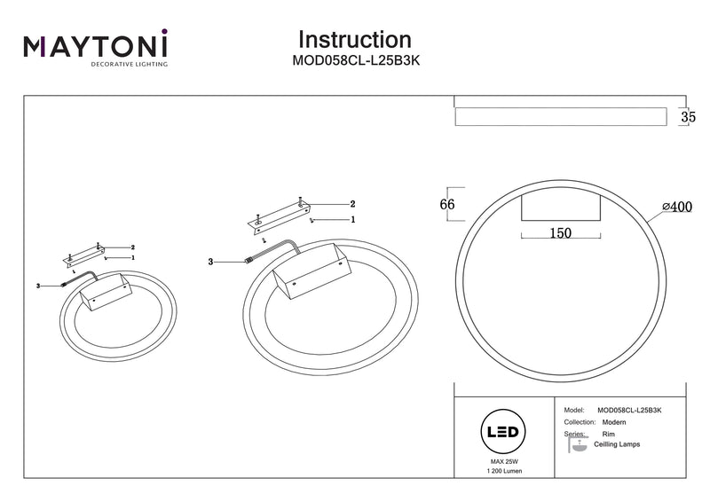 Maytoni Rim 2L ceiling lamp, black LED D 40cm