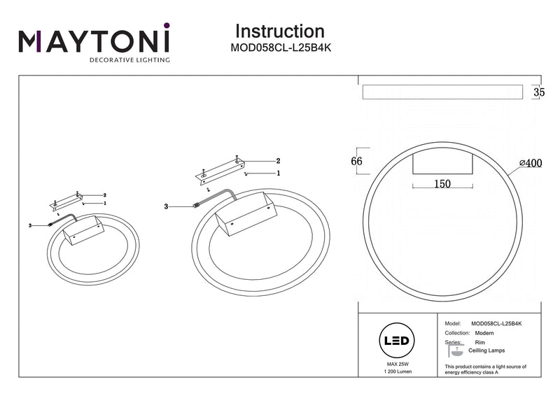 Maytoni Rim 1L lámpara de techo, negro LED D 40cm