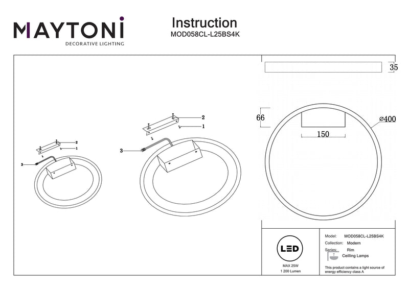 Maytoni Rim 1L kattovalaisin, messinki LED D 40cm