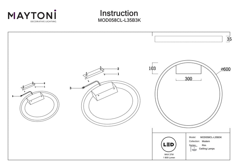 Maytoni Rim 1L lámpara de techo, negro LED D 60cm