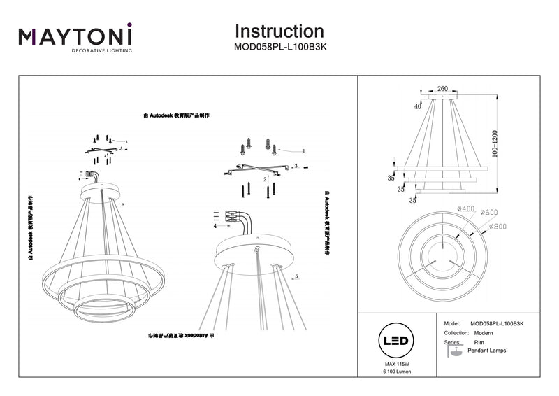 Maytoni Rim 1L pendant lamp, black LED D 80cm