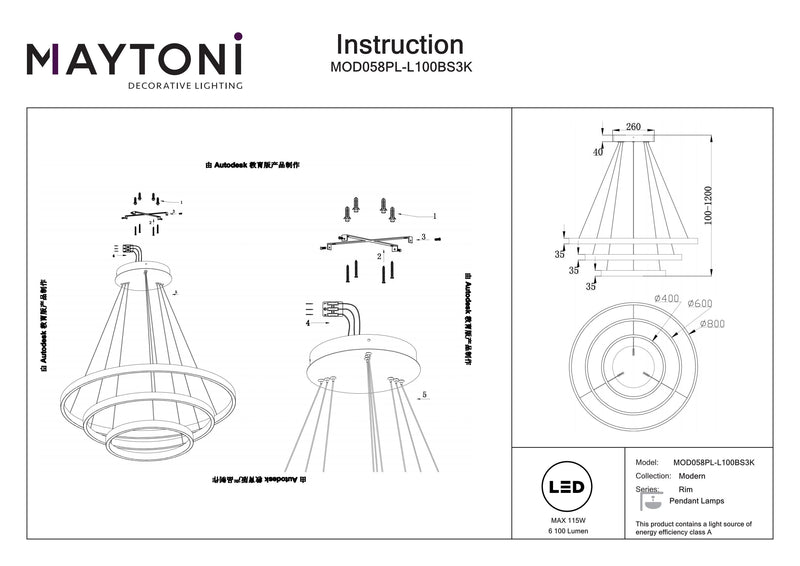 Maytoni Rim 1L pendant lamp, black LED D 80cm