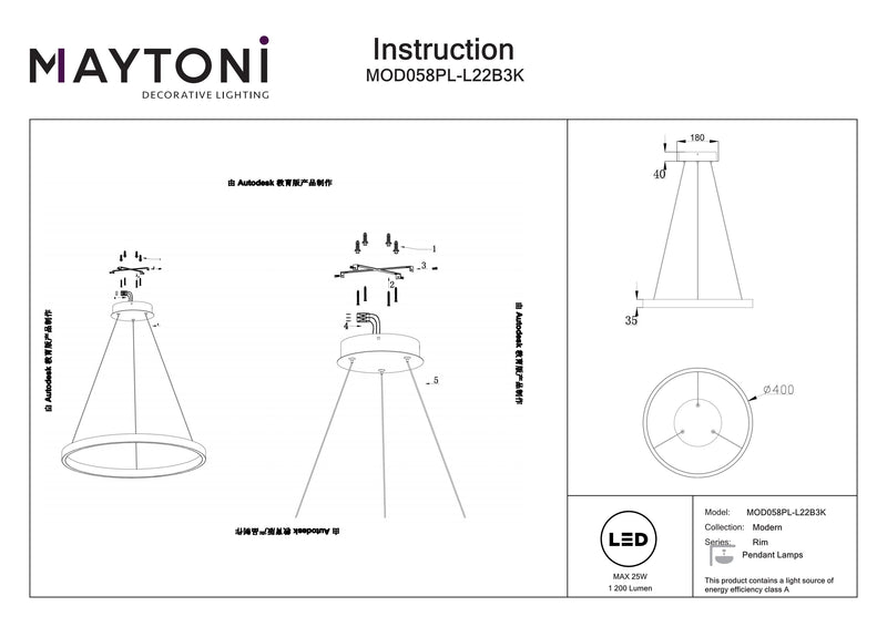 Maytoni Rim 1L pendant lamp, black LED D 40cm