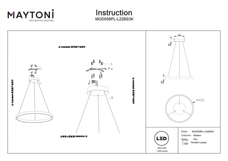 Maytoni Rim 1L pendant lamp, black LED D 40cm