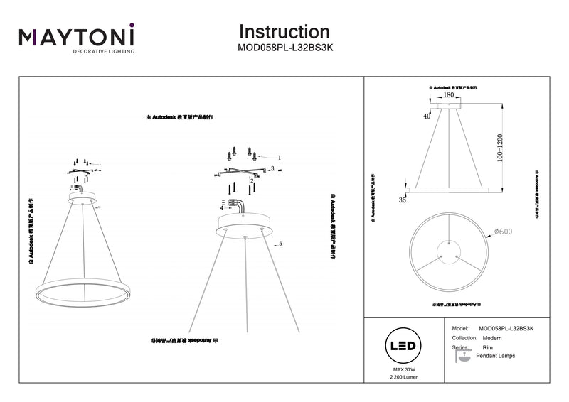 Maytoni Rim 1L pendant lamp, LED D 60cm