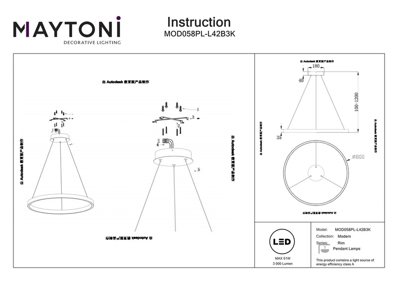 Maytoni Rim 1L pendant lamp, black LED D 80cm