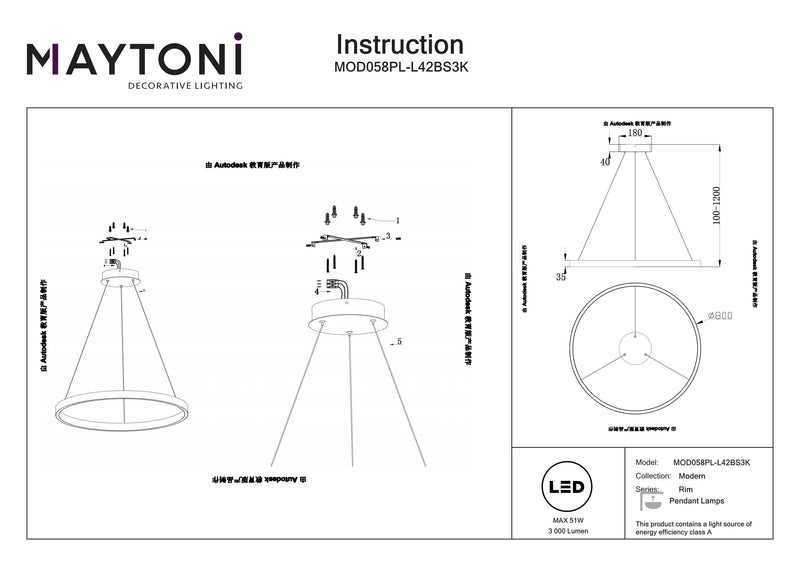 Maytoni Rim 1L pendant lamp, black LED D 80cm