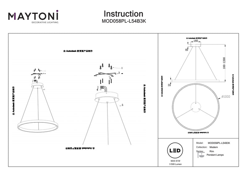 Maytoni Rim 1L pendant lamp, black LED D 100cm