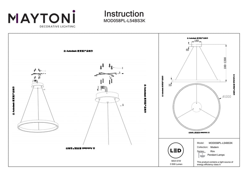 Maytoni Rim 1L pendant lamp, black LED D 100cm