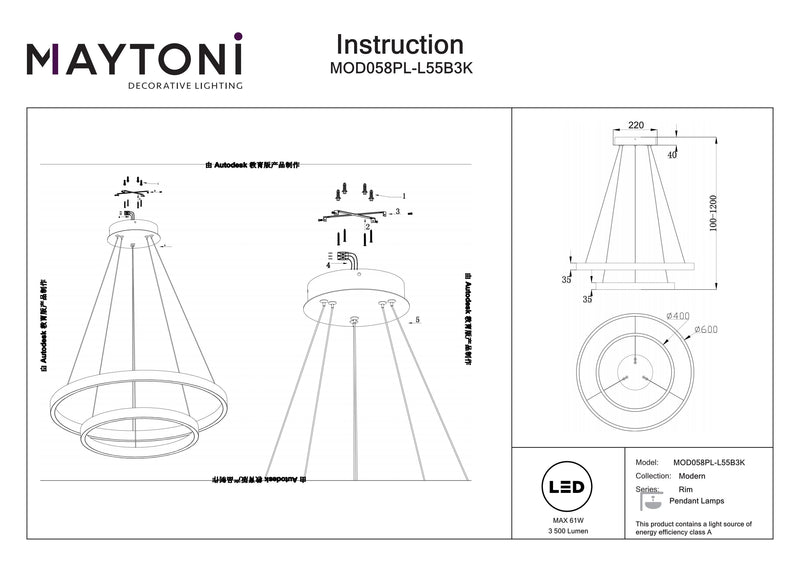 Maytoni Rim 1L pendant lamp, black LED D 60cm