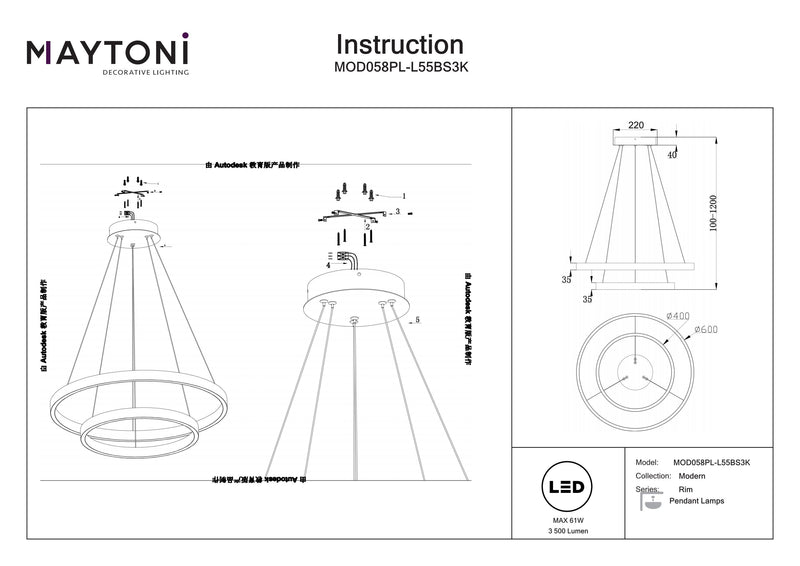 Maytoni Rim 1L pendant lamp, black LED D 60cm