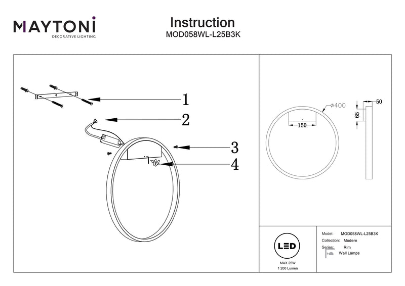 Maytoni Rim 1L washer sconce lamp, black LED D 40cm