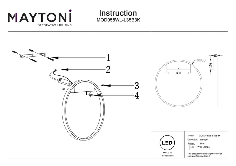 Maytoni Rim 1L washer sconce lamp, LED D 60cm