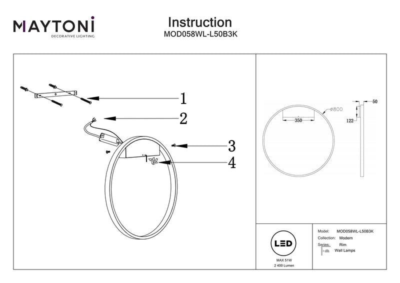 Maytoni Rim 1L aplique lavadora, LED P. 80cm