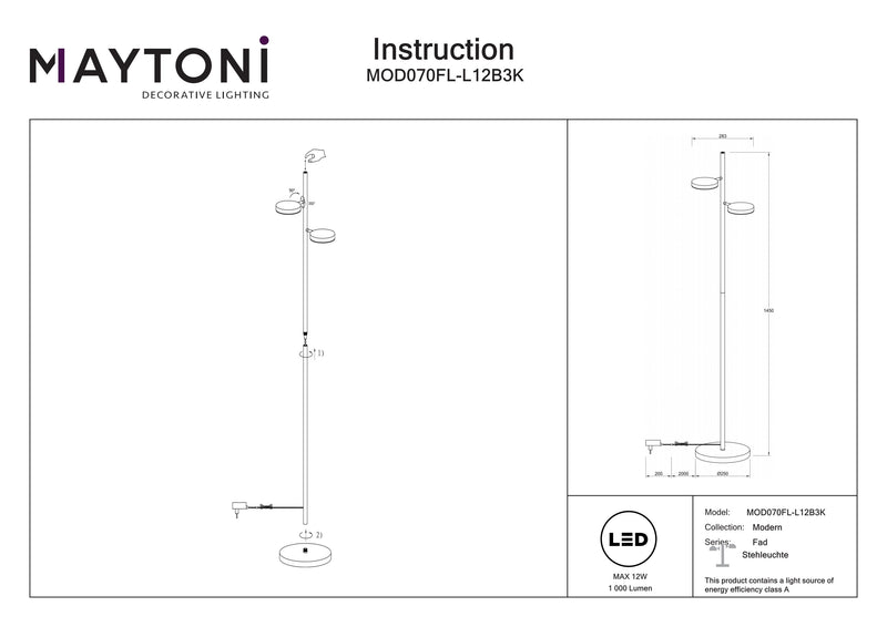 Maytoni Fad 2L floor lamp, black LED H 145cm