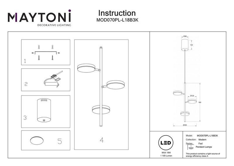 Maytoni Fad 3L pendel, sort LED D 35cm