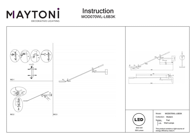 Maytoni Fad 1L wall sconce lamp, black LED H 11cm