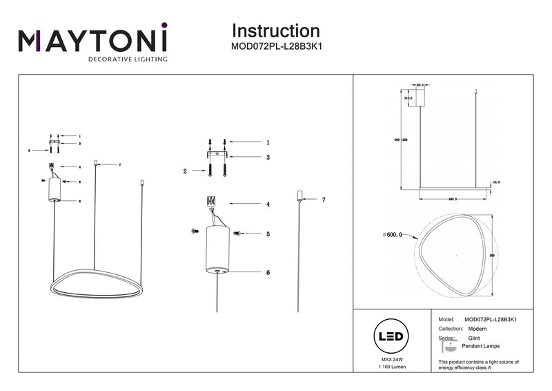 Maytoni Glint 1L pendant lamp LED D 60cm