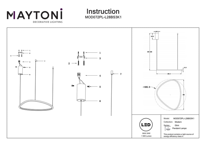 Maytoni Glint 1L pendant lamp, black LED D 60cm