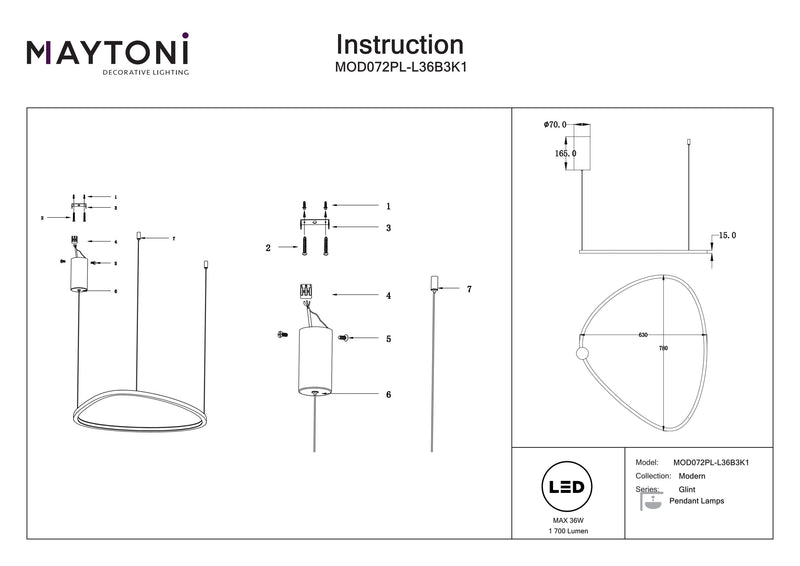 Maytoni Glint 1L riippuvalaisin, LED D 80cm