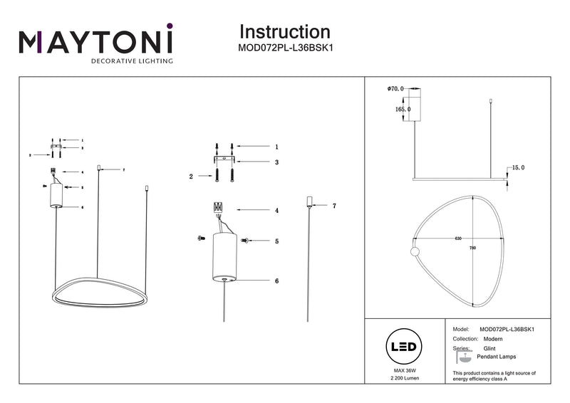 Maytoni Glint 1L pendant lamp, black LED D 80cm