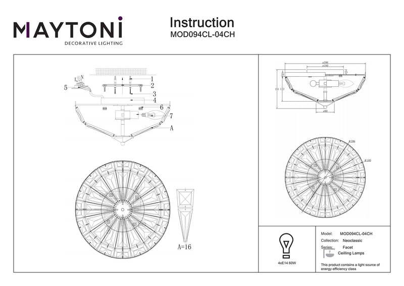 Maytoni Facet 4L Unterputz-Deckenleuchte, Chrom E14 D 39,6 cm