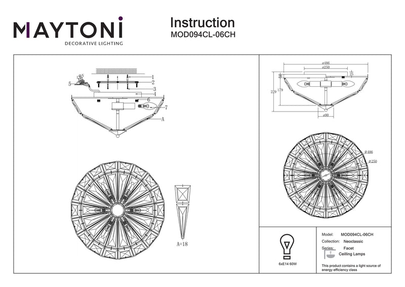 Maytoni Facet 6L uppoasennettava kattovalaisin, kromi E14 D 48,6cm