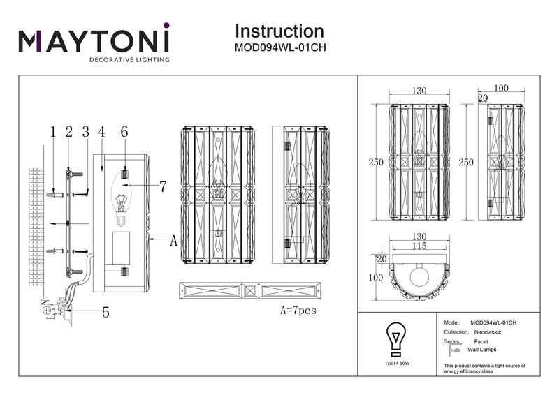 Maytoni Facet 1L washer sconce lamp, chrome E14 H 25cm