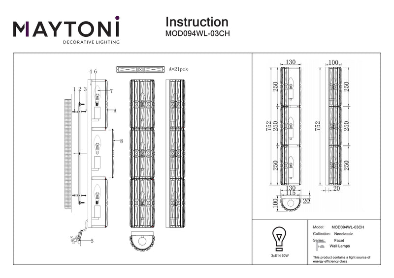 Maytoni Facet 3L skivelampe, krom E14 H 75,2 cm