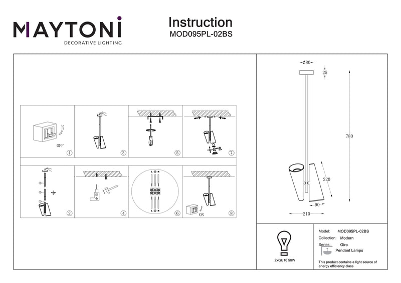 Maytoni Giro 2L hanglamp, messing GU10 D 21cm