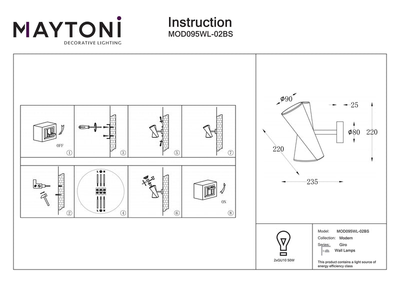 Maytoni Giro 2L Akzentwandleuchte, Messing GU10 H 22cm