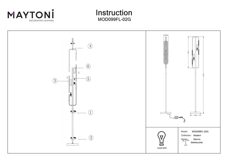 Maytoni Marmo 2L lattiavalaisin, kulta G9 D 23cm