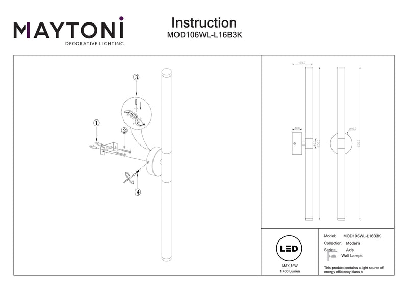 Aplique de pared Maytoni Axis 1L, LED Al. 63cm