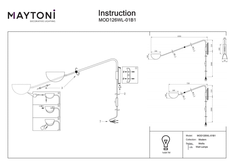 Maytoni Mollis 1L reading swing wall lamp, black G9 H 36cm