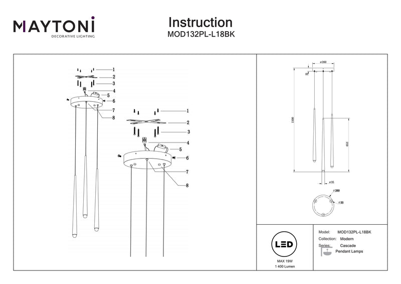 Maytoni Cascade 1L riippuvalaisin, musta LED D 26cm