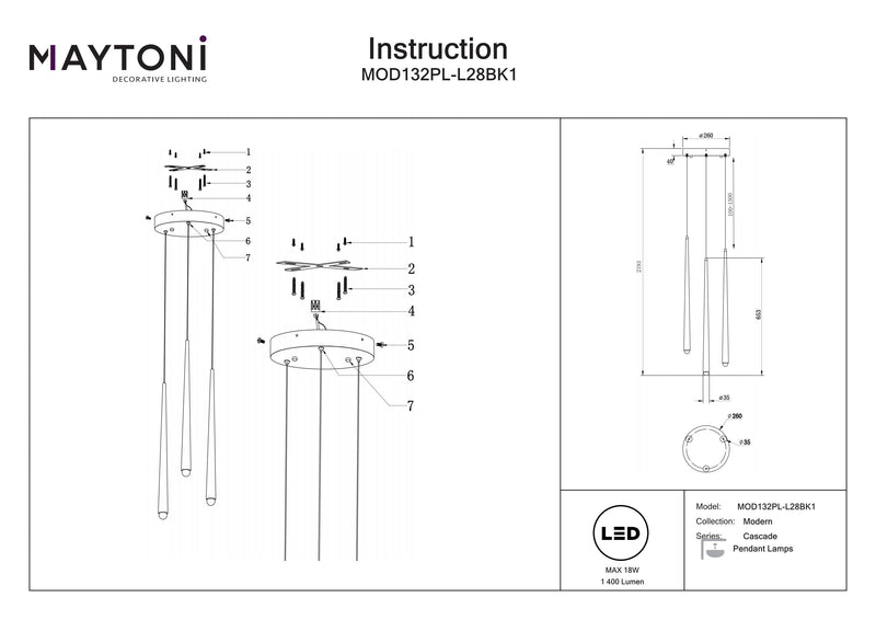 Maytoni Cascade 3L Deckenpendelstrahler, schwarze LED H 219,3 cm