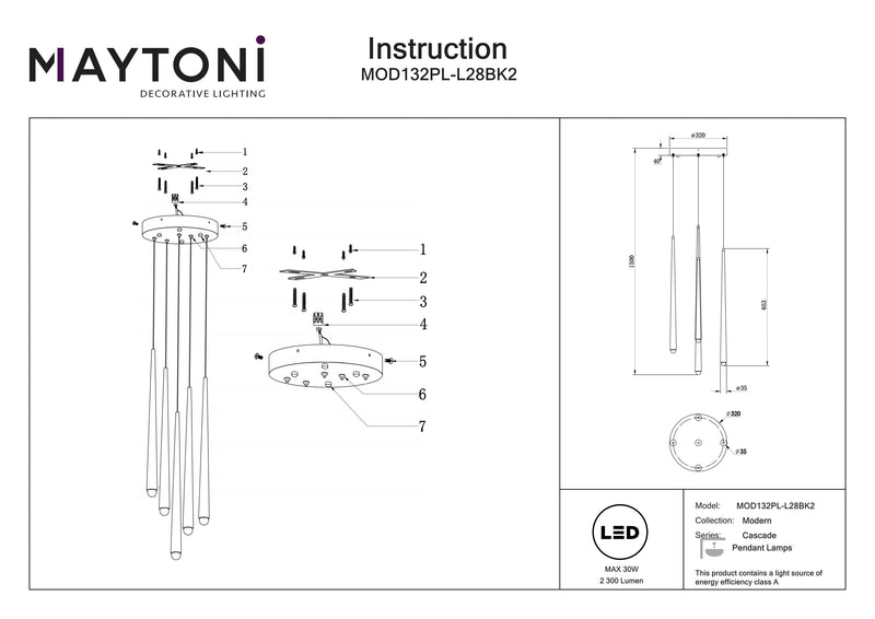 Faretto a sospensione da soffitto Maytoni Cascade 5L, LED nero H 219,3 cm