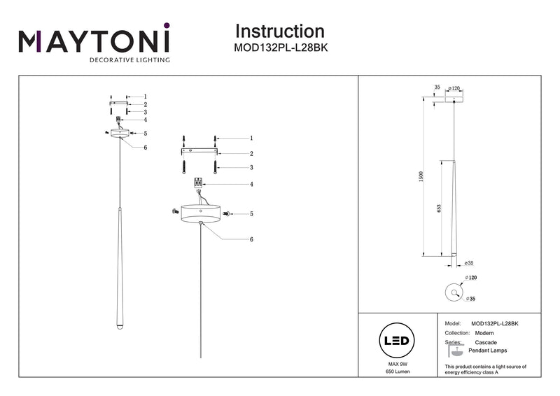 Maytoni Cascade 1L pendant lamp, black LED H 218.8cm