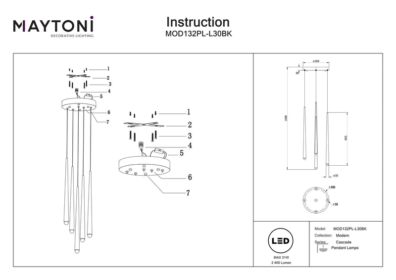 Foco colgante de techo Maytoni Cascade 5L, LED P. 32 cm