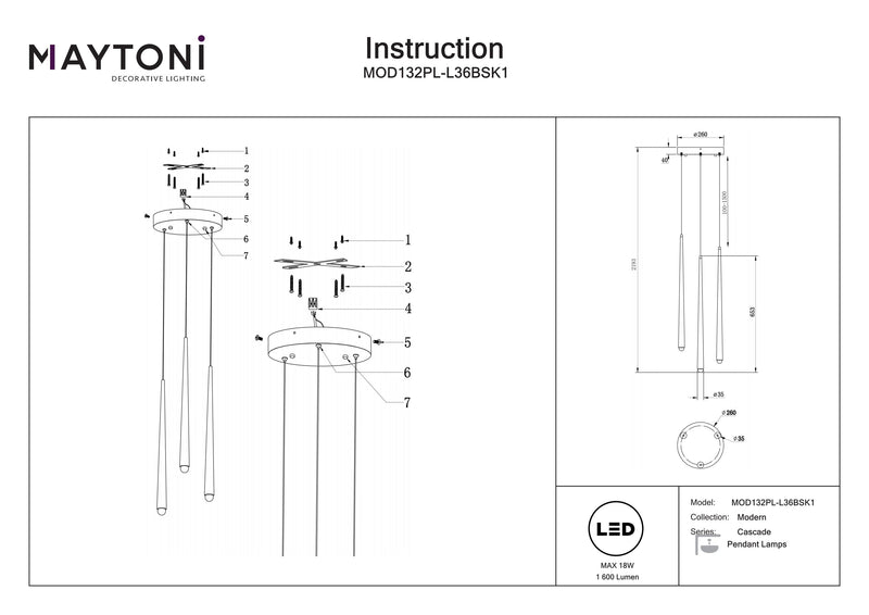 Maytoni Cascade 3L pendant lamp, brass LED H 219.3cm