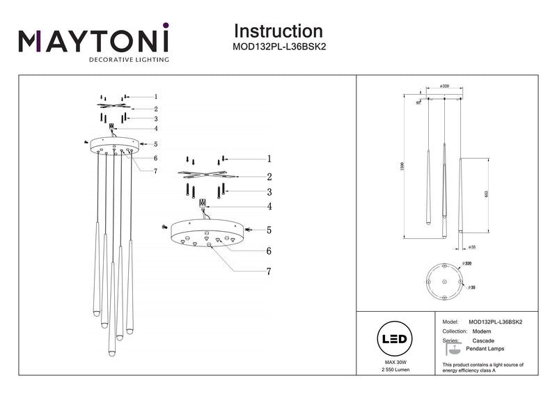 Maytoni Cascade 5L pendant lamp, brass LED H 219.3cm