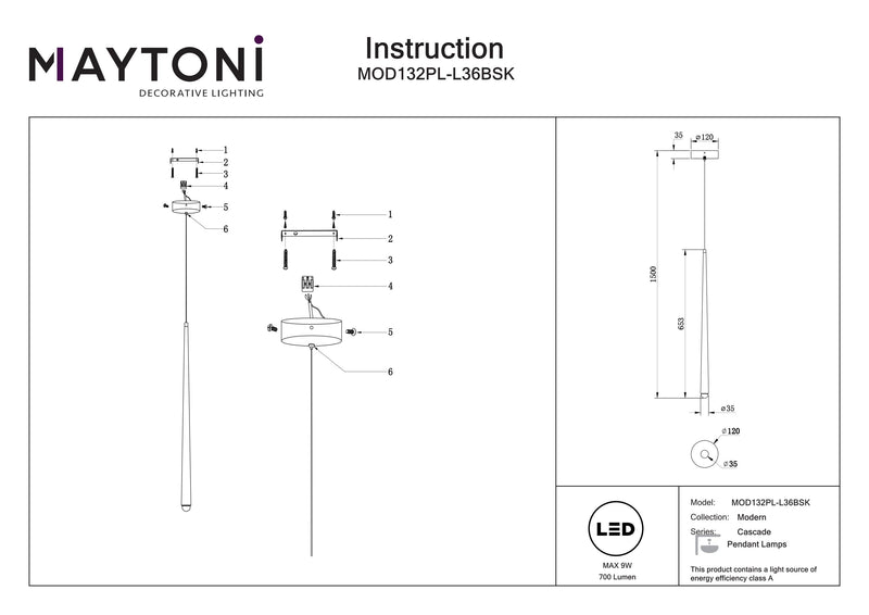 Spot suspension plafond Maytoni Cascade 1L, laiton LED H 218,8cm