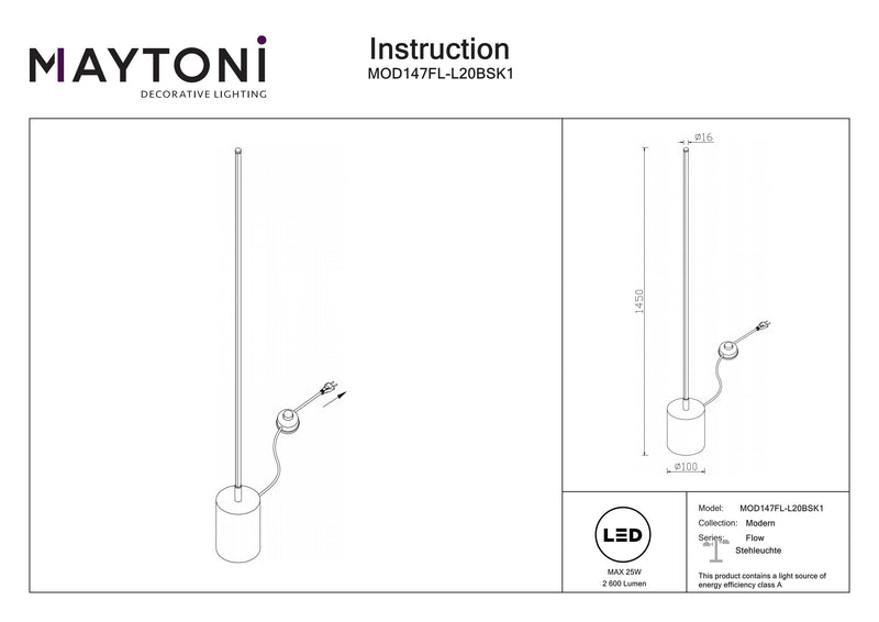 Maytoni Flow 1L floor lamp, black LED D 1.6cm