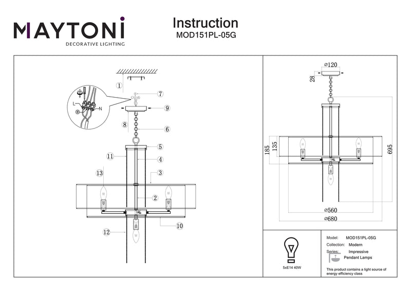 Maytoni Imponerende 5L lysekrone, guld E14 D 68cm