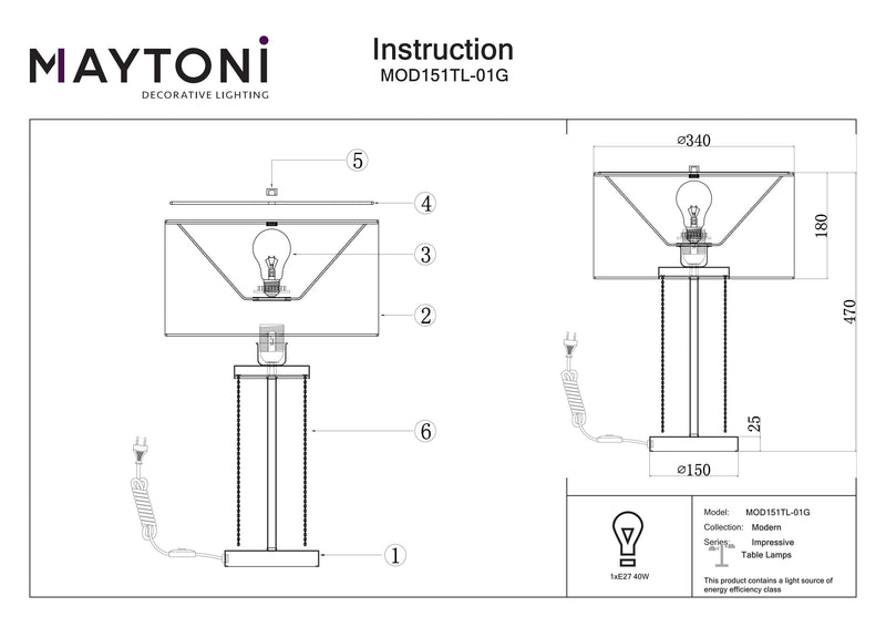 Maytoni Impressionnante lampe de table 1L, or E27 D 34cm