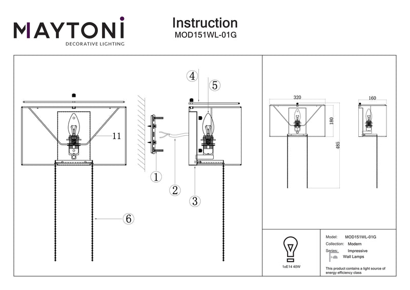 Maytoni Impressive 1L Wandleuchte, goldfarben, E14, H 47,5 cm