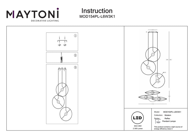 Lámpara colgante Maytoni Reflex 6L, LED blanco P. 73 cm