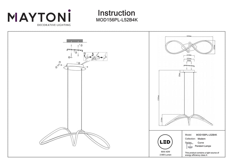 Lampada a sospensione Maytoni Curve 1L, LED nero