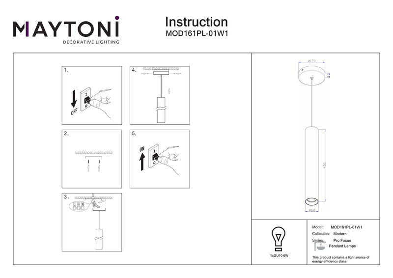 Maytoni Pro Focus 1L ceiling pendant spotlight, GU10 D 6cm