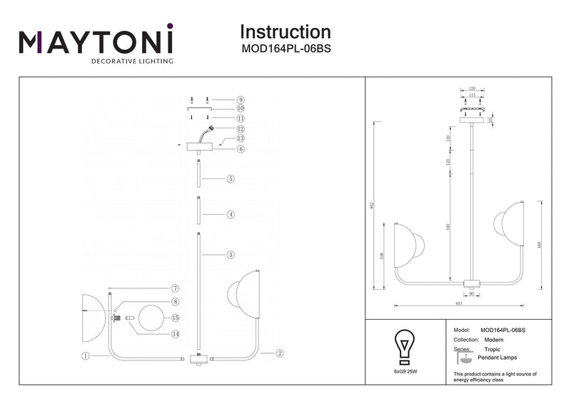 Maytoni Tropic 6L kroonluchter, messing G9 D 75cm